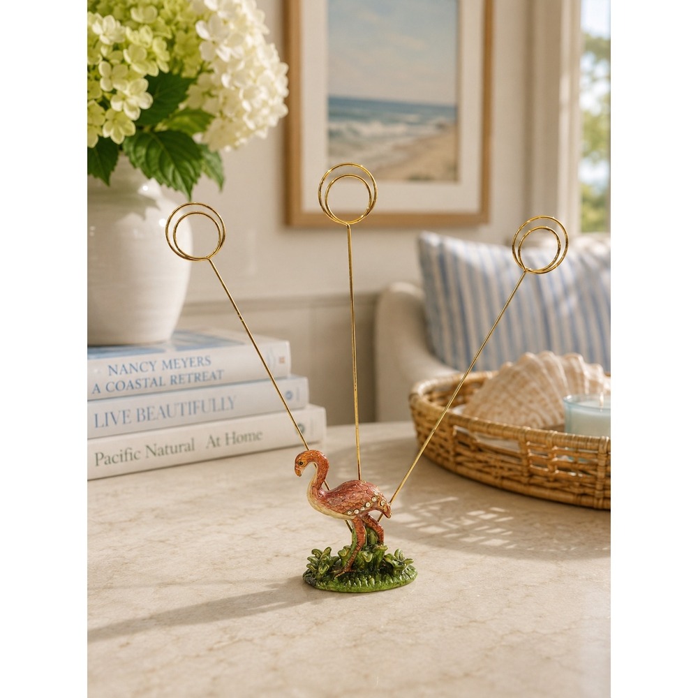 Vintage Flamingo Photo Memo Holder Stand Metal Display Desk Organizer Enamel